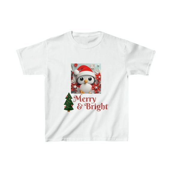Kids Heavy Cotton™ T-shirt Merry and Bright Christmas Red Hat Penguin