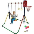thumbnail image 1 of Kids Height Adjustable 4-in-1 Gymnastics Bar Set with Horizontal Kip Bar, Swing Seat, 2 Trapeze Rings, Basketball Hoop - Folding Gymnastics Training Home Bar, 1 of 9