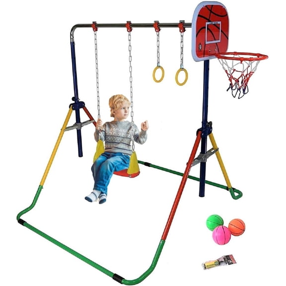 Kids Height Adjustable 4-in-1 Gymnastics Bar Set with Horizontal Kip Bar, Swing Seat, 2 Trapeze Rings, Basketball Hoop - Folding Gymnastics Training Home Bar