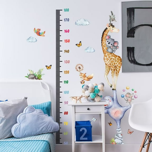Kids Height Measurement Growth Chart Wall Stickers, Cartoon Animals Lion Giraffe Elephant Rhino Height Measure Decals Hanging Ruler Decor for Home Wall Baby Bedroom Playroom Classroom