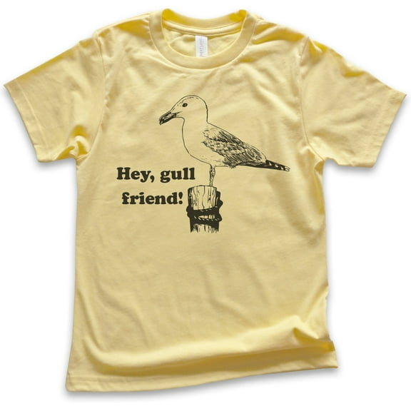 Kids Hey Gull Friend Shirt, Youth Kids Boy Girl T-Shirt, Seagull Shirt, Beach Shirt, Animal Pun Shirt, Yellow, Medium