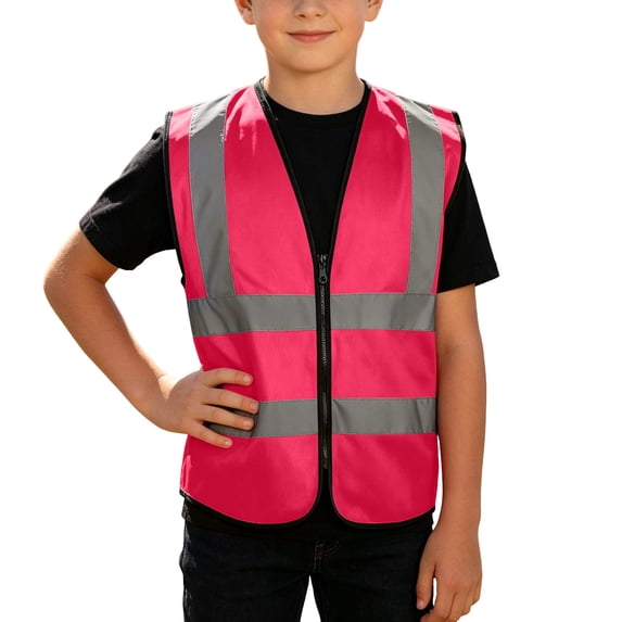 Kids High Visibility Reflective Safety Vest, Breathable Lightweight Zipper Waistcoat , Outdoor Walking Cycling School Traffic Safety Hot Pink 8-9 Years