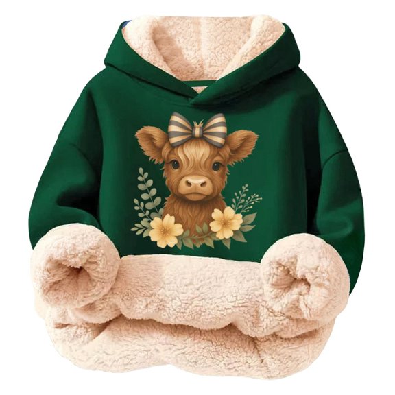 Kids Highland Cow Sweatshirt- Soft Lined Christmas Sweatshirts with Highland Cow Print, Cozy Warm Kids Jacket Top for Winter Outdoor Play and Holiday Activities