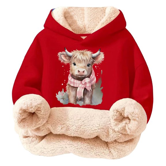 Kids Highland Cow Sweatshirt- Soft Lined Christmas Sweatshirts with Highland Cow Print, Cozy Warm Kids Jacket Top for Winter Outdoor Play and Holiday Activities