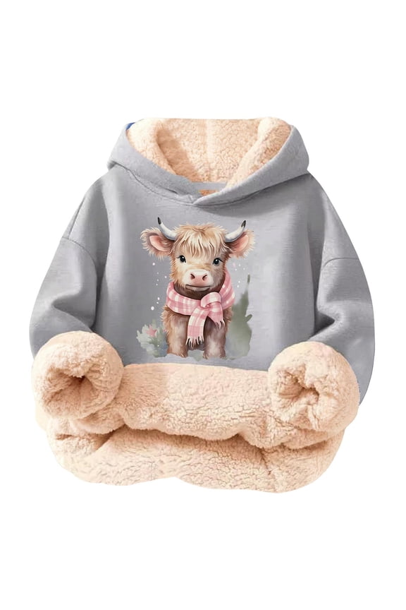 Kids Highland Cow Sweatshirt- Soft Lined Christmas Sweatshirts with Highland Cow Print, Cozy Warm Kids Jacket Top for Winter Outdoor Play and Holiday Activities