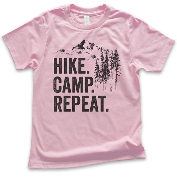 Kids Hike Camp Repeat T-shirt, Youth Kids Boy Girl T-Shirt, Hike Shirt, Hiking Shirt, Camping Camper Shirt, Light Pink, Small