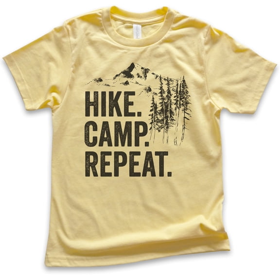 Kids Hike Camp Repeat T-shirt, Youth Kids Boy Girl T-Shirt, Hike Shirt, Hiking Shirt, Camping Camper Shirt, Yellow, Small