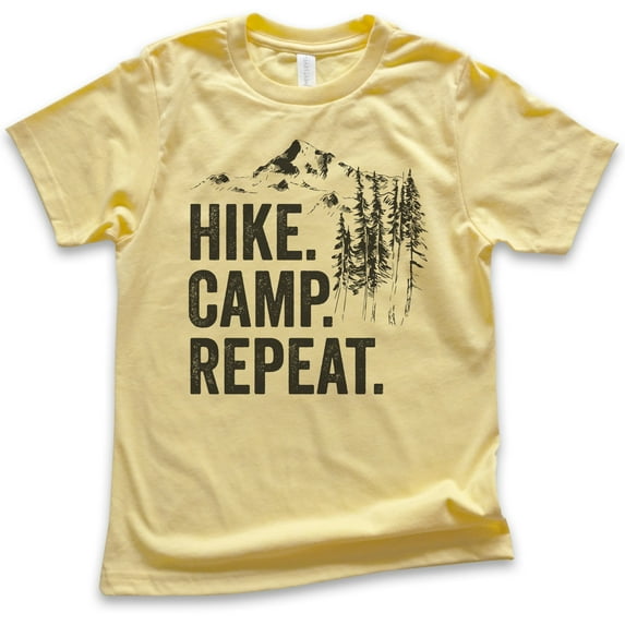 Kids Hike Camp Repeat T-shirt, Youth Kids Boy Girl T-Shirt, Hike Shirt, Hiking Shirt, Camping Camper Shirt, Yellow, Small