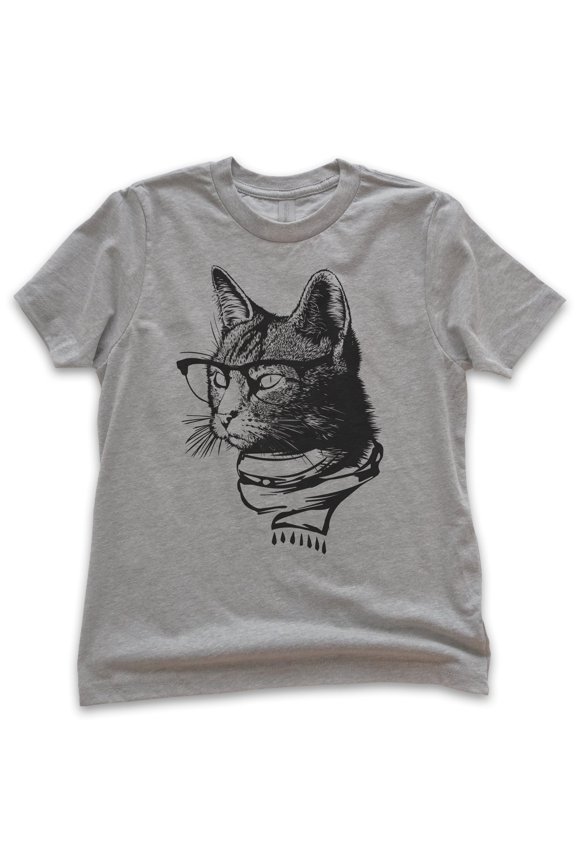Kids Hipster Cat Shirt, Youth Kids Boy Girl T-Shirt, Cat Lover Shirt, Cat Glasses Tee, Nerdy Cat Shirt, Dark Heather Gray, X-Large