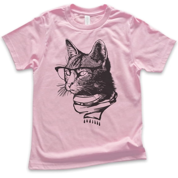 Kids Hipster Cat Shirt, Youth Kids Boy Girl T-Shirt, Cat Lover Shirt, Cat Glasses Tee, Nerdy Cat Shirt, Light Pink, Small