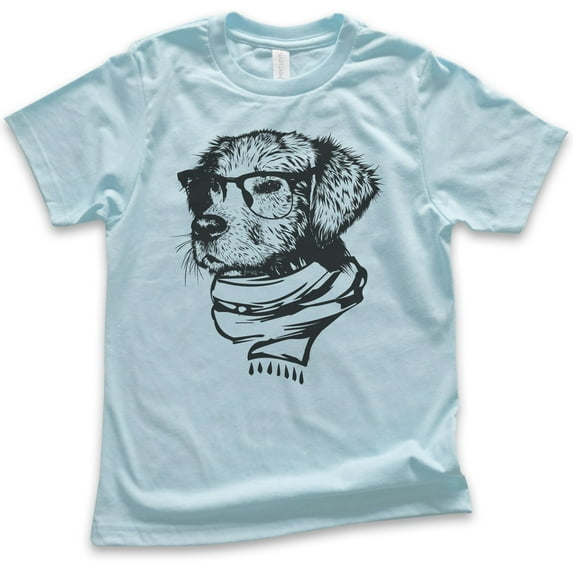 Kids Hipster Dog Shirt, Youth Kids Boy Girl T-Shirt, Dog Lover Shirt, Dog Shirt, Dog Glasses Shirt, Dog Nerd Tee, Light Blue, Large