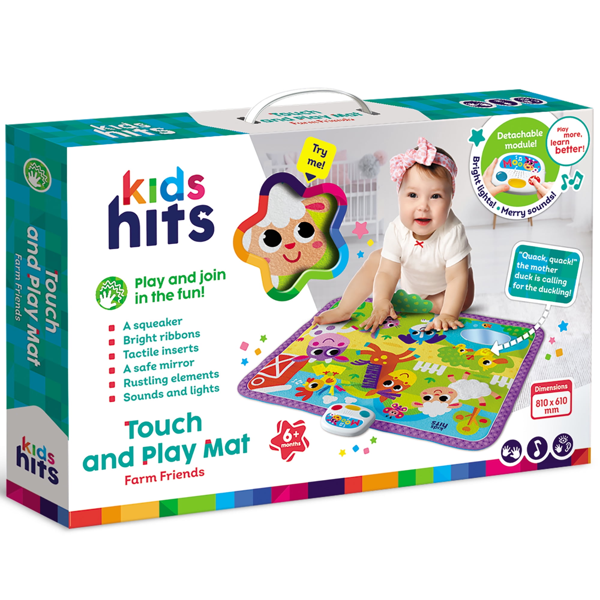 Kids Hits: Touch & Play Mat - Farm Friends - 31.5x23.6" Sensory Floor Pad, Lights-Animal Sounds-Songs Module, Tactile Learning Toy, Baby-Toddler 6Mo+
