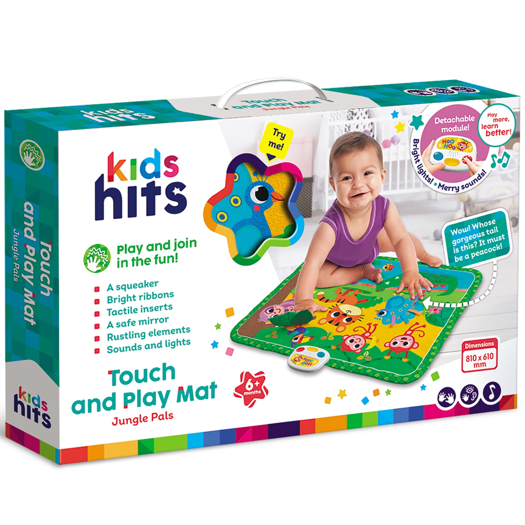 Kids Hits: Touch & Play Mat - Jungle Pals - 31.5 x 23.6" Sensory Floor Pad, Lights-Animal Sounds-Songs Module, Tactile Learning Toy, Baby-Toddler 6Mo+
