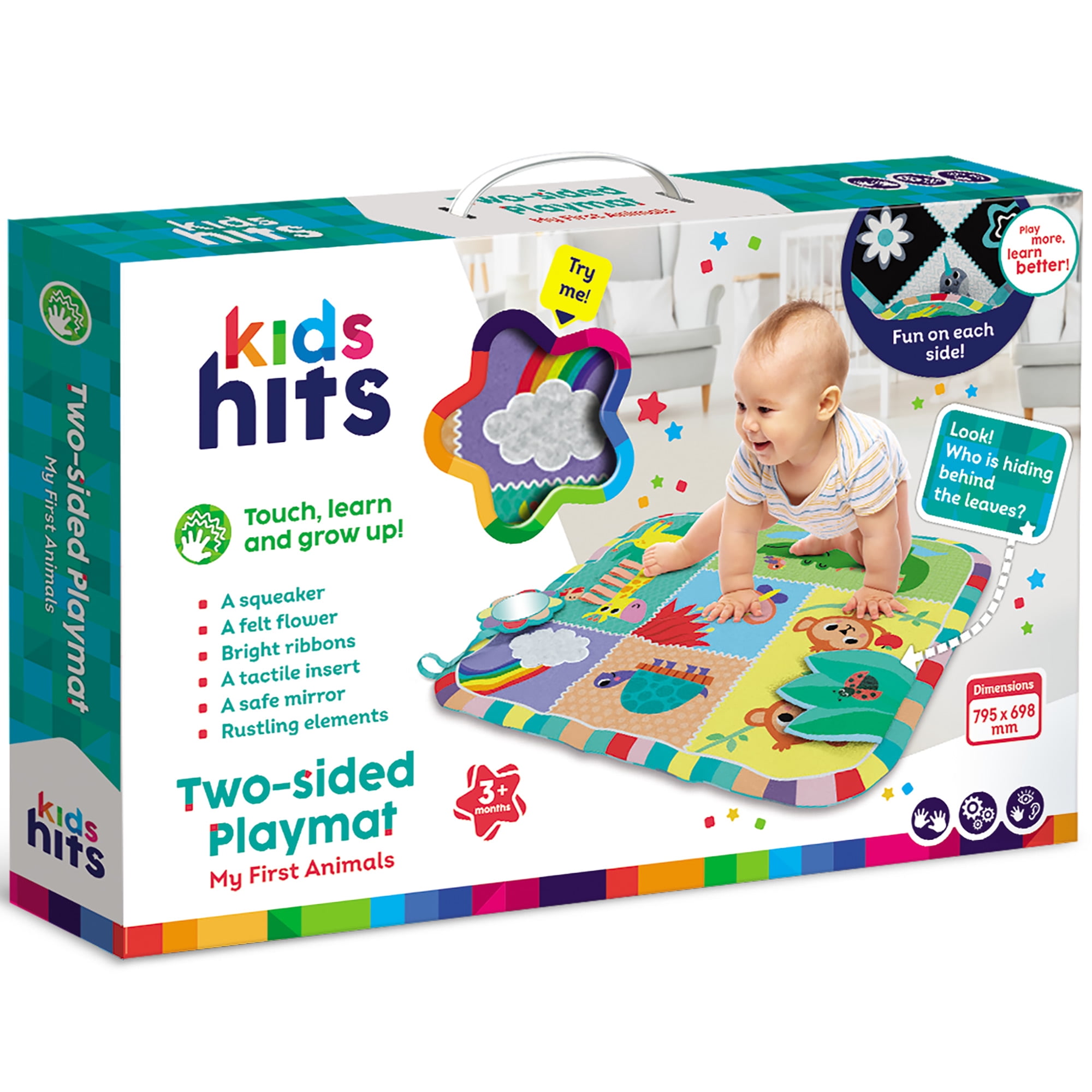 Kids Hits: Two-Sided Play Mat - My First Animals - 2-In-1 Reversible Sensory Floor Pad, Mirror-Ribbons-Squeaker, Tactile Touch Toy, Baby-Toddler 3Mo+