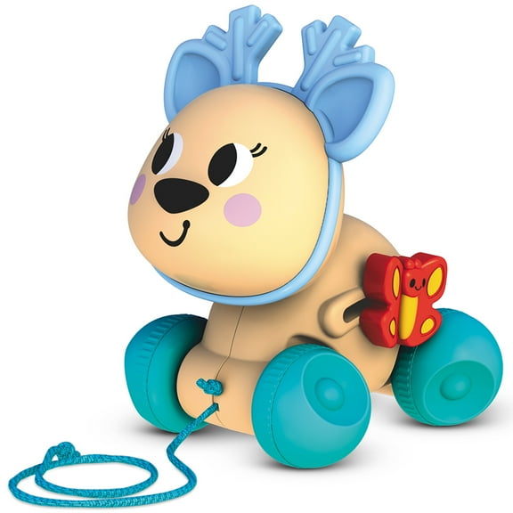 Kids Hits: Push & Pull Deer -Tan - Tactile Motion Play Toy, Easy-To-Roll Inertia Wheels, Bright Colors, Rotating Animal Head, Rachet, Toddlers 1+