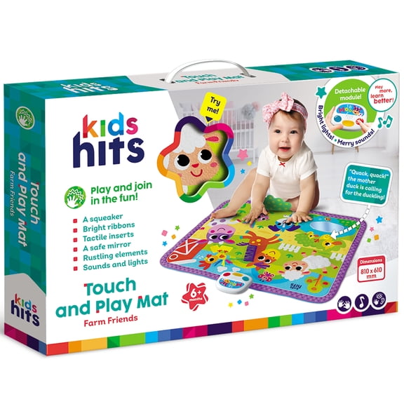 Kids Hits: Touch & Play Mat - Farm Friends - 31.5x23.6" Sensory Floor Pad, Lights-Animal Sounds-Songs Module, Tactile Learning Toy, Baby-Toddler 6Mo+