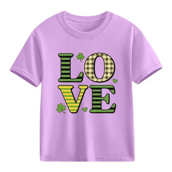 Kids Holiday T-Shirt St Patricks Day Shirt for Girls Love Clover Short Sleeve Cotton Tee Purple,Size 9 T