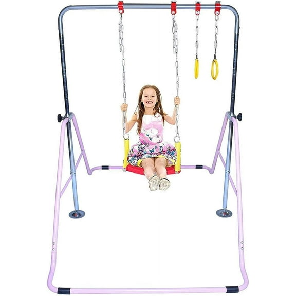 Kids Home Gymnastics Bar Jungle Gym 3 in 1 Set Deluxe Swing Seat, Trapeze Rings, Horizontal Kip Bar Height Adjustable Monkey Bar, Expandable Junior Training Gymnastic Balance Bar, Swing Set (Pink)