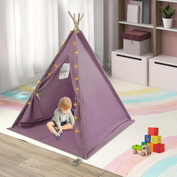 Kids Home Tent, Portable Kids Playhouse Play Tent 2 in 1 with Padded Mat and Lights for Indoor & Outdoor Foldable Kids Tent 47"×55"×47" (Purple)
