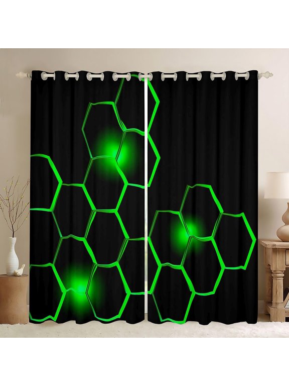 Kids Honeycomb Curtains Modern Hexagon Darkening Dreapes Children Decor Geometrical Blackout Curtains Beehive Geometric Black Green Window Treatments (2 Panels, 38 x 45 Inch)
