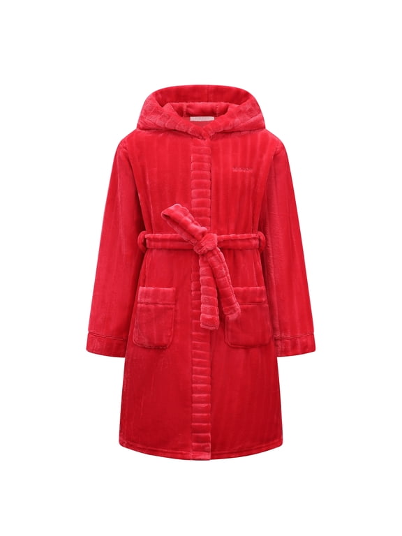 Kids Hooded Bathrobe Soft Plush Fleece Robe with Belt and Pockets, Cozy Warm Sleepwear Lounge Robe for Girls and Boys Ages 4-15 Years