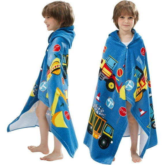 Kids Hooded Beach Bath Towels, Oversize 100% Wrap, Toddlers Girls 3-12 Years Coverup Engineering Vehicle