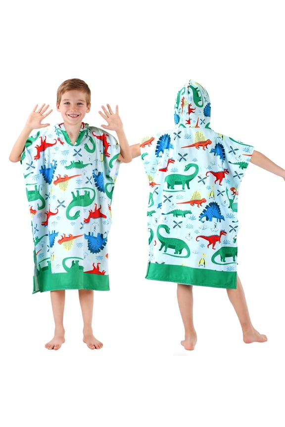 Kids Hooded Beach Towels Wrap for 2-6 Years,Cute Dinosaur Theme Boys Swim Cover Up for Bathroom，22"x26" Quick Dry Green Bath Towel Poncho,Perfect for Travel Vacation,Pool Party,Swimming