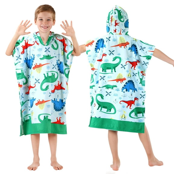 Kids Hooded Beach Towels Wrap for 2-6 Years,Cute Dinosaur Theme Boys Swim Cover Up for Bathroom,22"x26" Quick Dry Green Bath Towel Poncho,Perfect for Travel Vacation,Pool Party,Swimming
