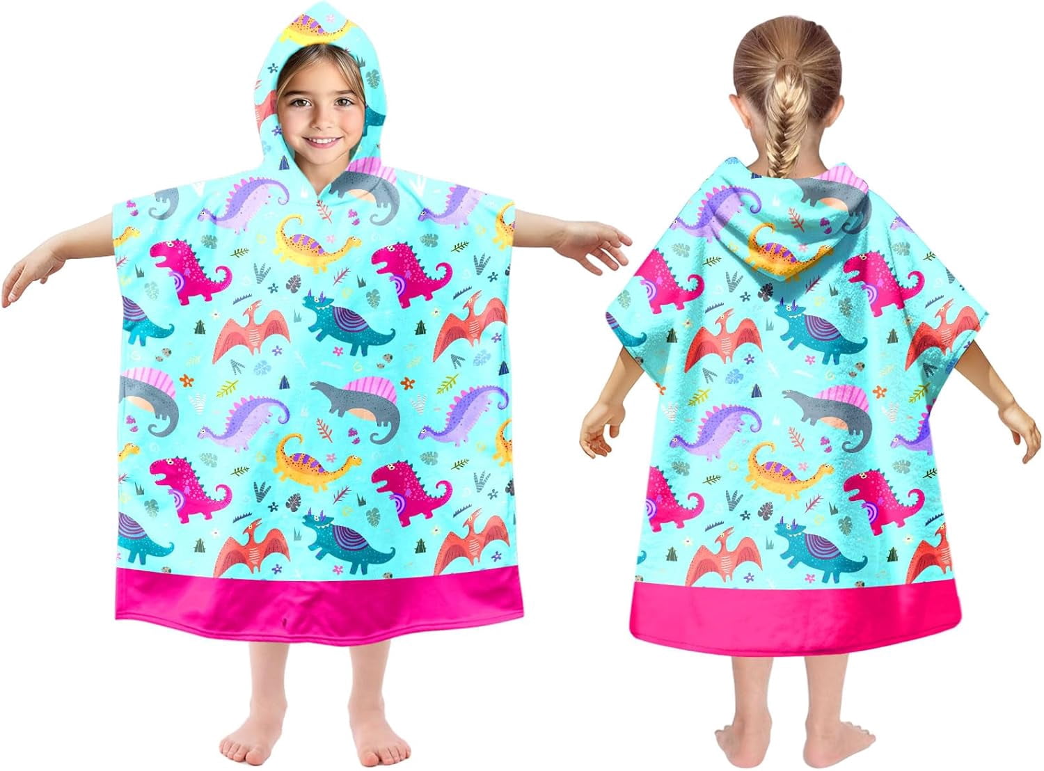 Girls Dinosaur Hooded Beach Towel – 30"x50" Kids Bath Wrap With Snap Buttons, Quick Dry (Ages 4-8)