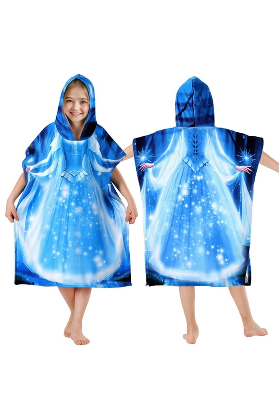 Kids Hooded Beach Towels Wrap for 4-12 Years,Cute Princess Theme Girls Swim Cover Up for Bathroom,27"x33" Quick Dry Blue Bath Towel Poncho,Perfect for Travel Vacation,Pool Party,Swimming