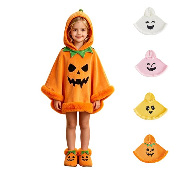 Kids Hooded Cape Pumpkin Cloak Pumpkin Halloween Party Clothes Kids Halloween Girls Size 2-6 Years