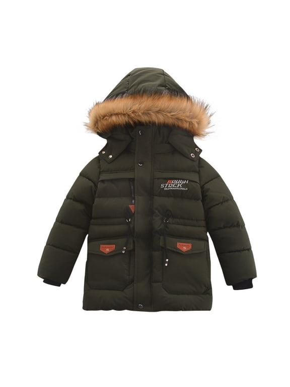 Kids Hooded Cotton Jacket, Korean Style Winter Coat with Faux Fur Trim and Multiple Pockets, Boys & Girls Warm Outerwear for Cold Weather Protection Army Green