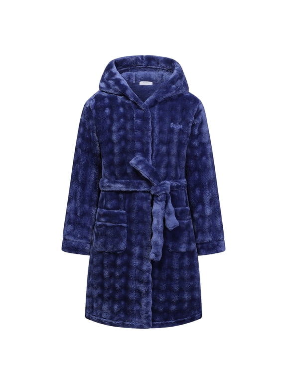 Kids Hooded Fleece Robe Plush Bubble Flannel Bathrobe Soft Warm Lightweight Bathrobe with Belt & Pockets for Boys Girls 4-15 Years