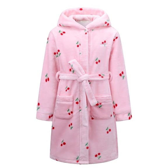 Kids Hooded Fleece Robe for Girls Soft Plush Bathrobe Warm Flannel Sleepwear with Belt Pockets Cute Cozy Housecoat for Toddler and Big Girls