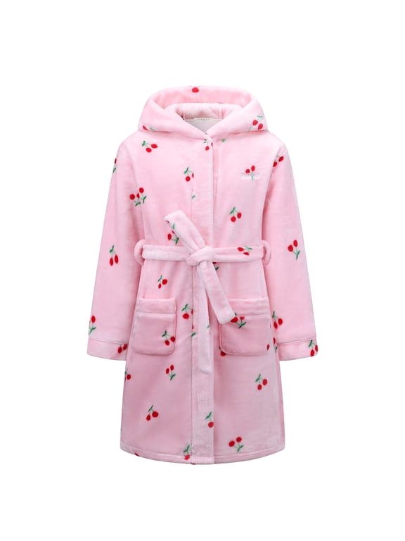 Kids Hooded Fleece Robe for Girls Soft Plush Bathrobe Warm Flannel Sleepwear with Belt Pockets Cute Cozy Housecoat for Toddler and Big Girls
