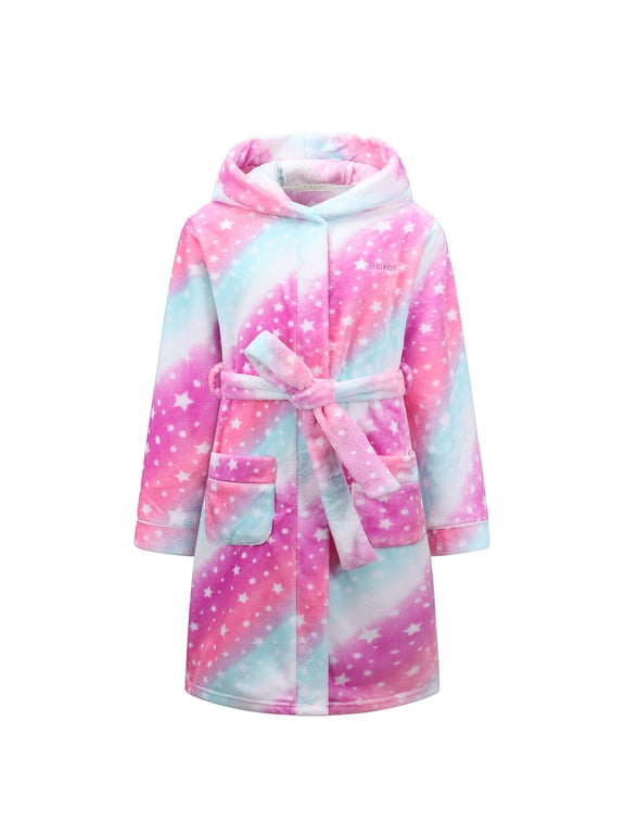 Kids Hooded Fleece Robe for Girls Soft Plush Bathrobe Warm Flannel Sleepwear with Belt Pockets Cute Cozy Housecoat for Toddler and Big Girls