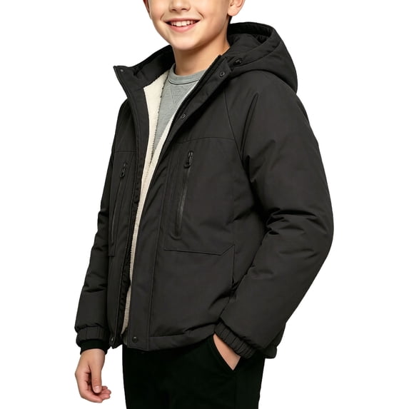 Kids Hooded Jacket for 3‑12 Years Old Boys Girls, Solid Color Windbreaker Fleece Lined Water Resistant Cotton Coat for Skiing, Sports and Casual Wear Black 5-6 Years