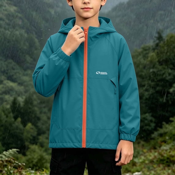 Kids Hooded Jacket Long Sleeve Zip Up Jacket Mid Size Windproof Slight Waterproof Coat Daily Casual Outerwear for Boys