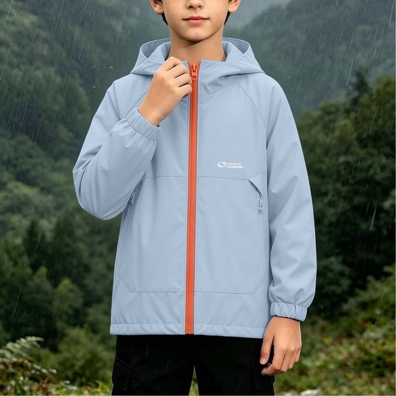 Kids Hooded Jacket Long Sleeve Zip Up Jacket Mid Size Windproof Slight Waterproof Coat Daily Casual Outerwear for Boys