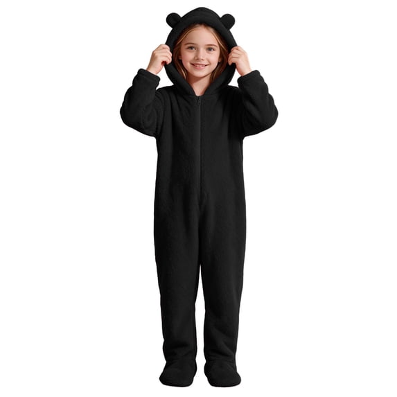 Kids Hooded Onesie Fleece Footed Jumpsuit with Bear Ears, Full Zip One Piece Cozy Sherpa Loungewear for Boys Girls, Black 10Y