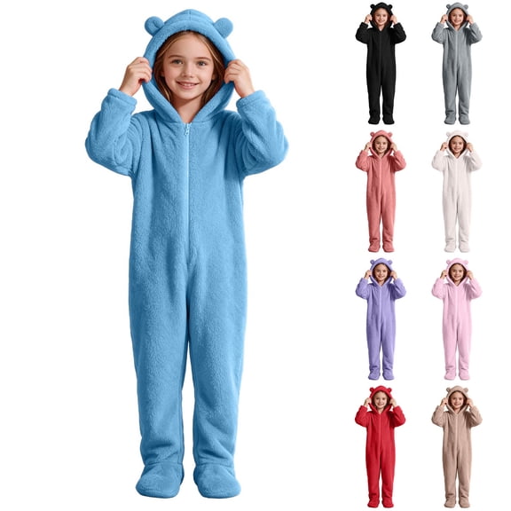 Kids Hooded Onesie Fleece Footed Jumpsuit with Bear Ears, Full Zip One Piece Cozy Sherpa Loungewear for Boys Girls, Blue 8Y