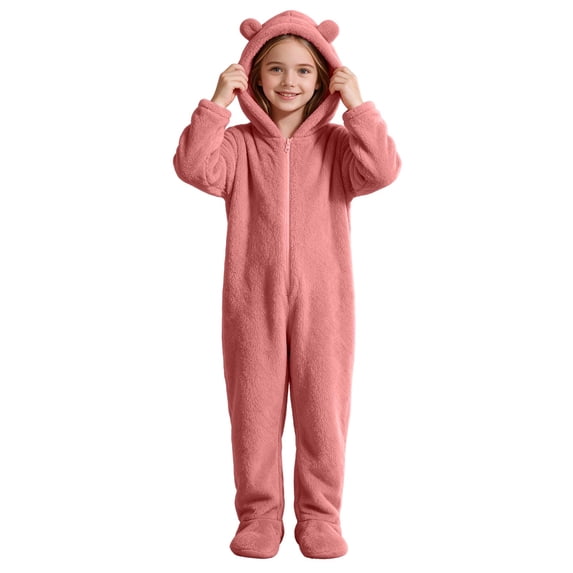Kids Hooded Onesie Fleece Footed Jumpsuit with Bear Ears, Full Zip One Piece Cozy Sherpa Loungewear for Boys Girls, Pink 01 4T