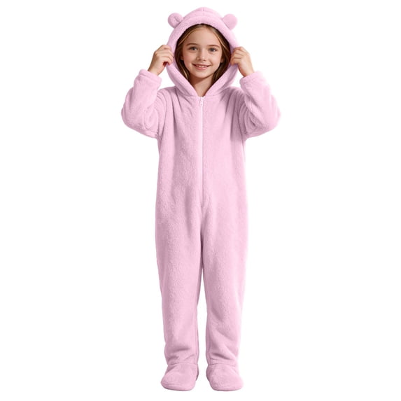 Kids Hooded Onesie Fleece Footed Jumpsuit with Bear Ears, Full Zip One Piece Cozy Sherpa Loungewear for Boys Girls, Pink 4T