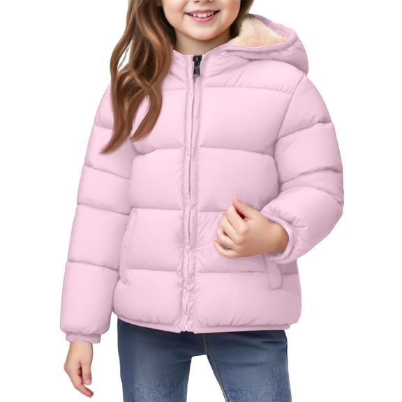 Kids Hooded Puffer Jacket Fleece Lined Winter Outerwear Lightweight Quilted Coat for Girls Boys Pink 120