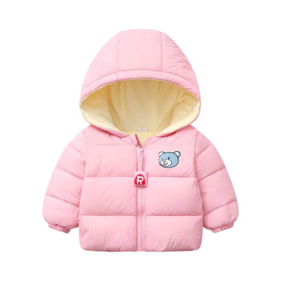 Kids Hooded Puffer Jacket with Bear Print Front Zipper Closure Lightweight Insulated Outerwear for Boys Girls Winter Style #A088 Pink 90