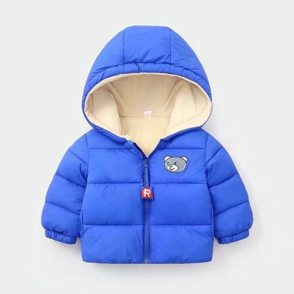 Kids Hooded Puffer Jacket with Bear Print Front Zipper Closure Lightweight Insulated Outerwear for Boys Girls Winter Style #E091 Blue 100