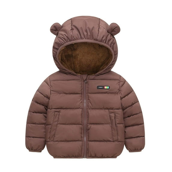 Kids Hooded Puffer Jacket with Pocket Cute Bear Ear Full Zip Up Hoodie Sherpa Fleece Lined Down Coat (4-5 Years, Coffee)