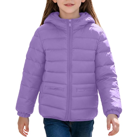 Kids Hooded Puffer Jackets Full Zip Lightweight Quilted Winter Coats for Boys Girls 4-14Y Solid Warm Outerwear (6T, Purple)