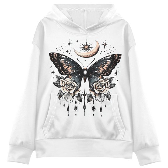 Kids' Hooded Pullover Sweatshirt Casual Tops Long Sleeve Print Hoodies Pocket Butterfly with Rose and Moon Medium
