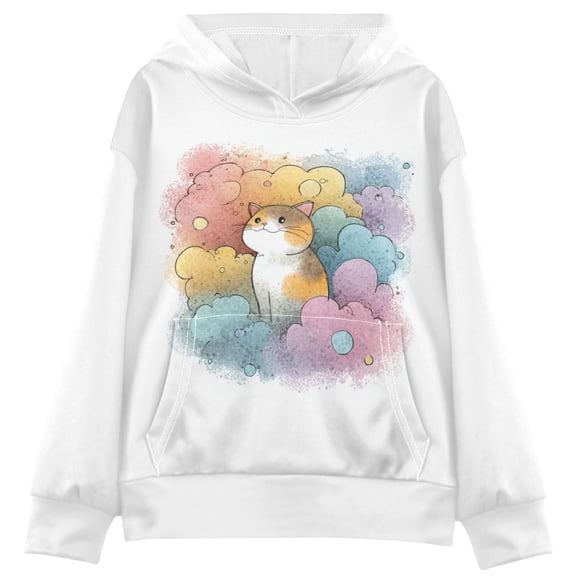 Kids' Hooded Pullover Sweatshirt Casual Tops Long Sleeve Print Hoodies Pocket Cat and Colorful Clouds XX-Large
